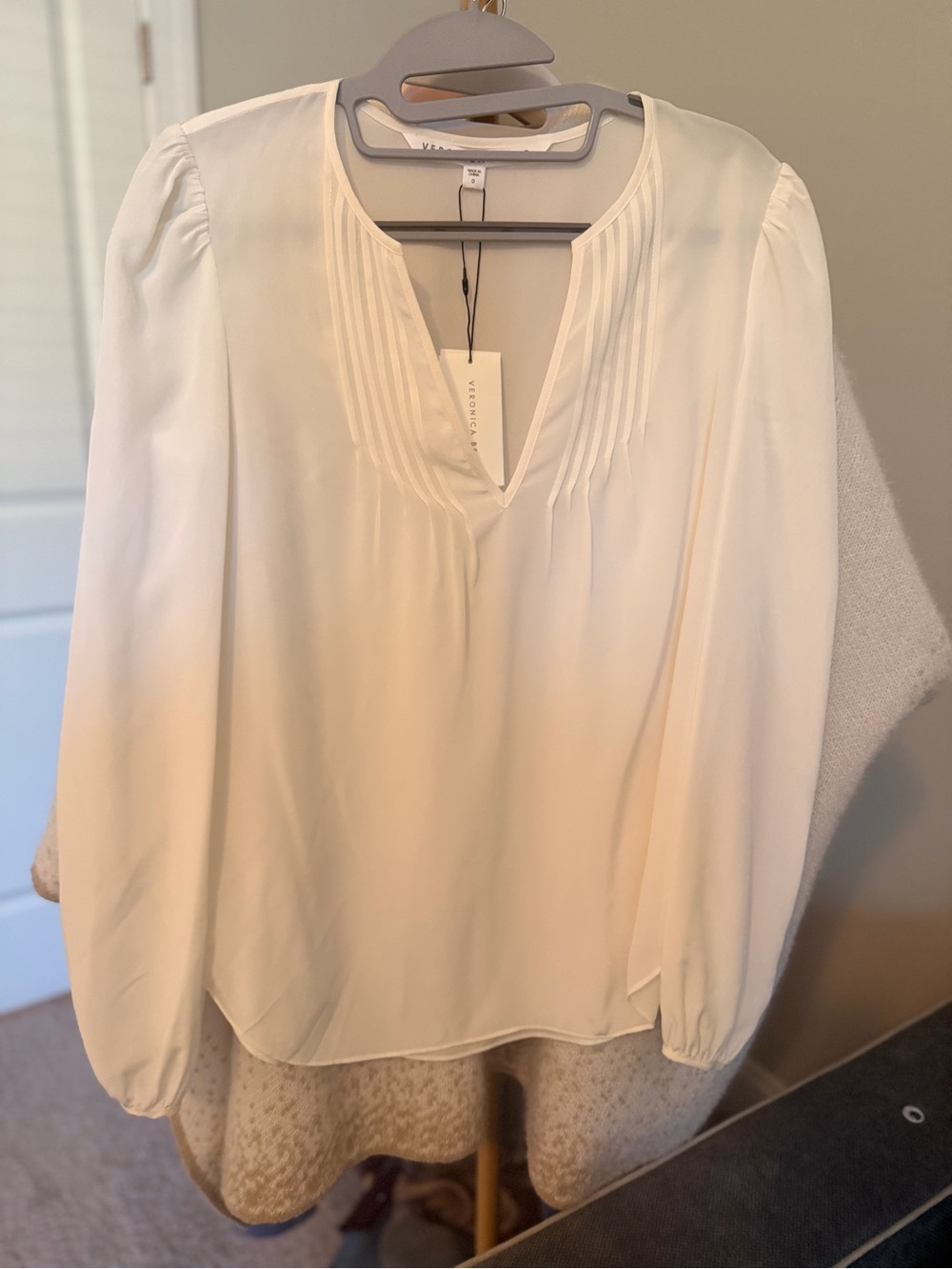 Veronica Beard Cream Pleated V-Neck Long-Sleeve Blouse